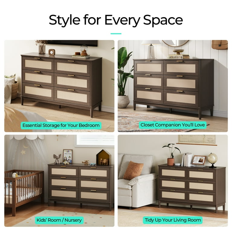 Linsy Home Rattan Dressers for Bedroom, Wide Chest of 6 Drawers, Dark Brown Linsy Home Rattan Dressers for Bedroom, Wide Chest of 6 Drawers, Dark Brown