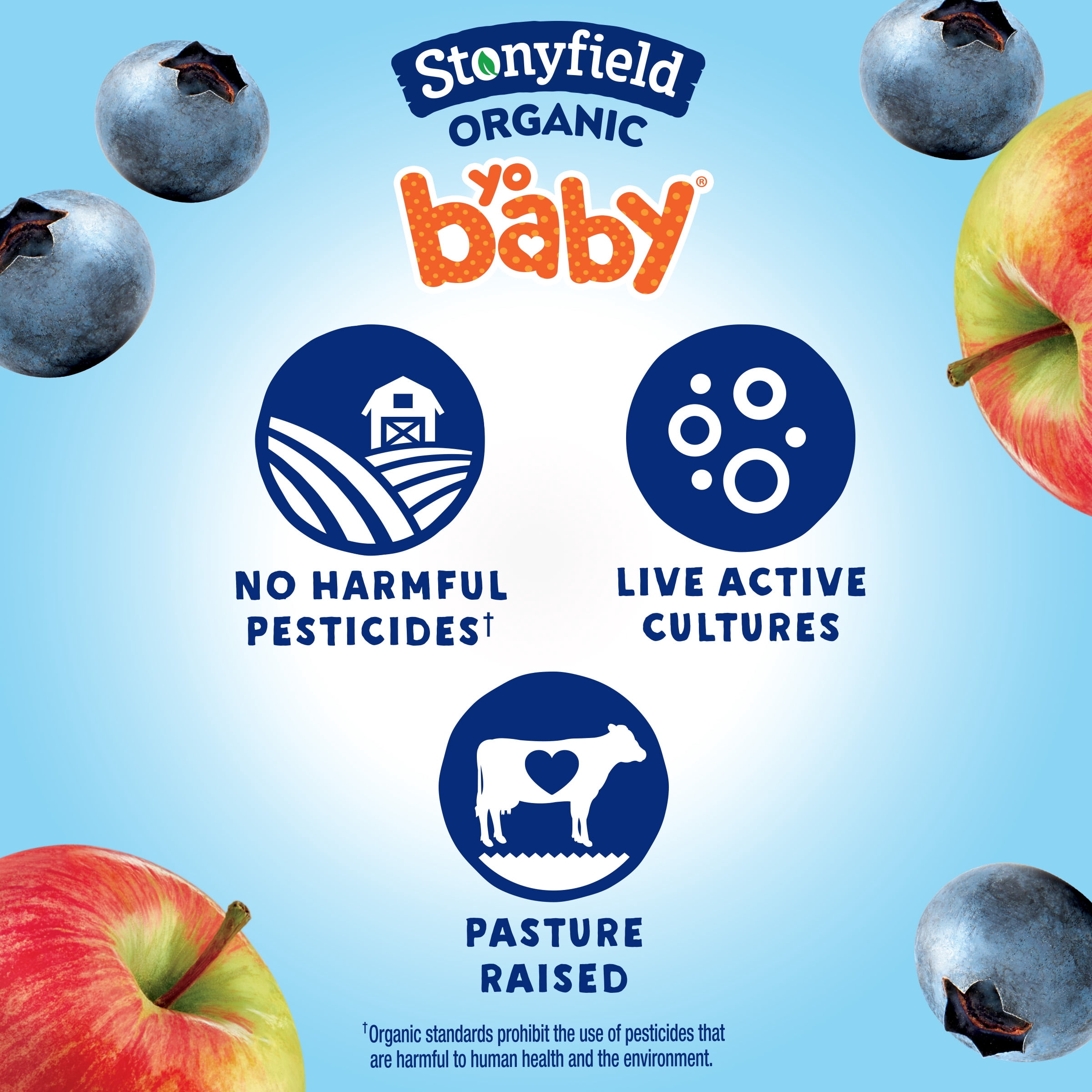 Stonyfield Organic YoBaby Apple & Blueberry Whole Milk Baby Yogurt, 4 oz Cups, 6 ct Pack