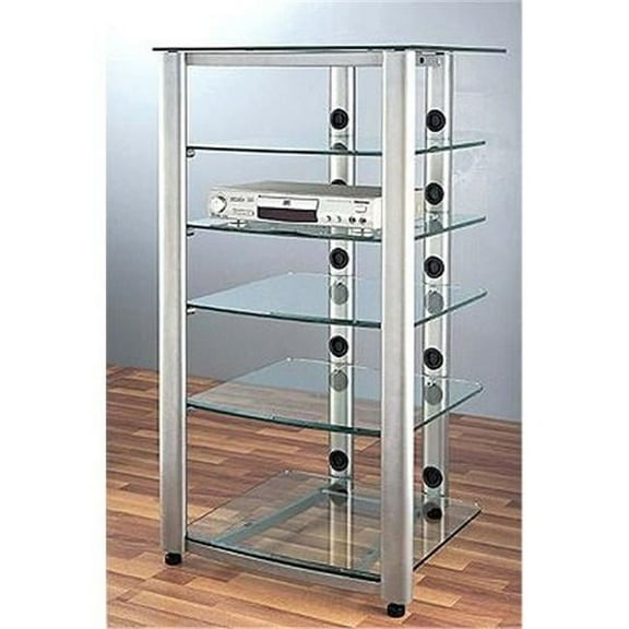 4 Silver Oval Poles 6 Clear Glass Shelves AV Stand