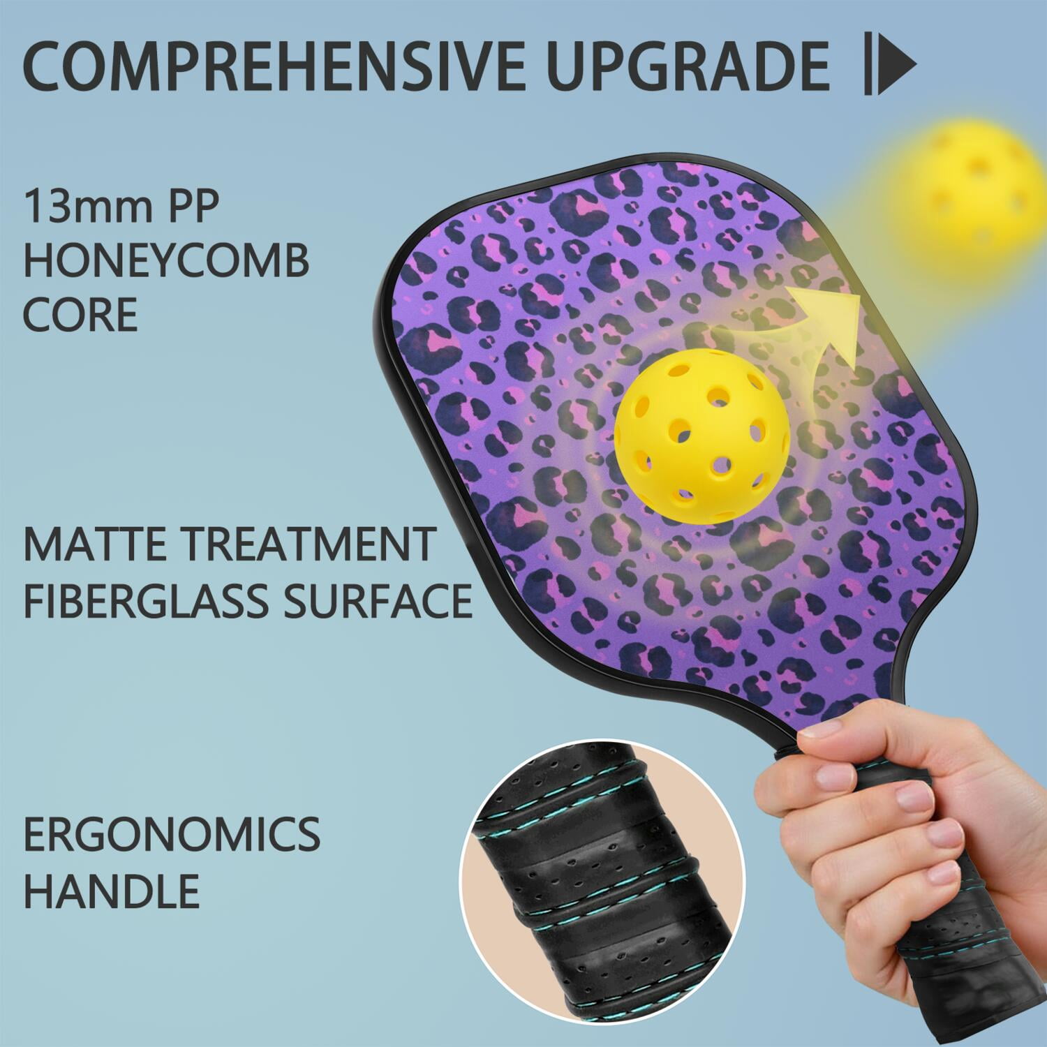 Pickleball Paddles Set Of 1, Fiberglass Surface, Animal, Leopard Print, 1 Paddle, 2 Balls & Bag