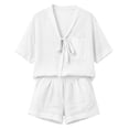 thumbnail image 5 of Linen Sets for Women 2 Piece Short Sleeve Tops and Wide Leg Shorts Summer Casual Fashion Beach Outfits White XL, 5 of 7
