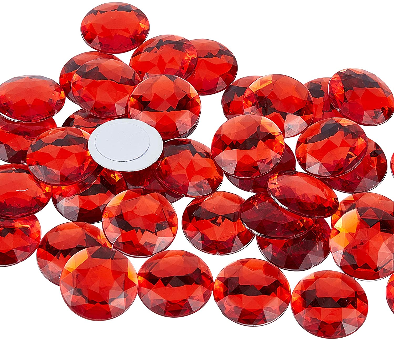 50Pcs 30mm Flat Back Round Acrylic Rhinestone Self-Adhesive Plastic Circle  Gems Stick On Jewels(Red) for Costume Making Cosplay Jewels Invitation
