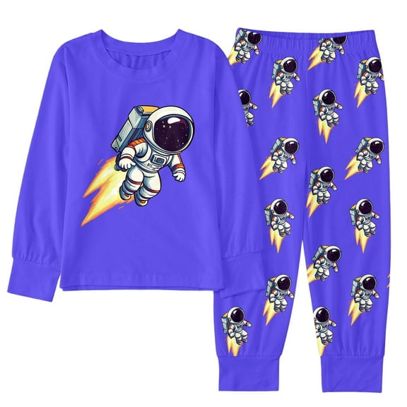 Little Outfits for Boys Winter Astronaut Cartoon Print Long Sleeve Top Pants Pajamas Kids Homewear Casual Cute Fall Clothes Blue Size 5-6