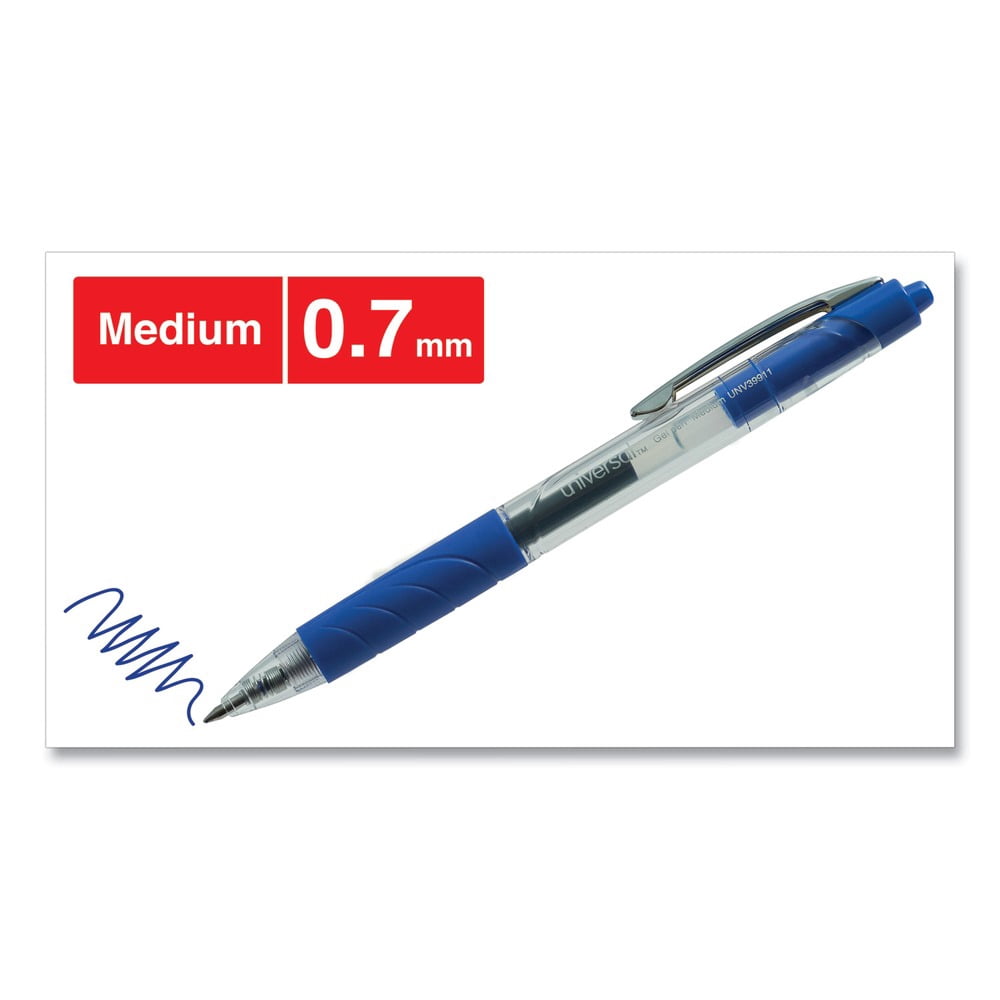Universal UNV39911 0.7 mm. Medium Comfort Grip Retractable Gel Pen - Blue Ink, Clear/Blue Barrel (36/Pack)