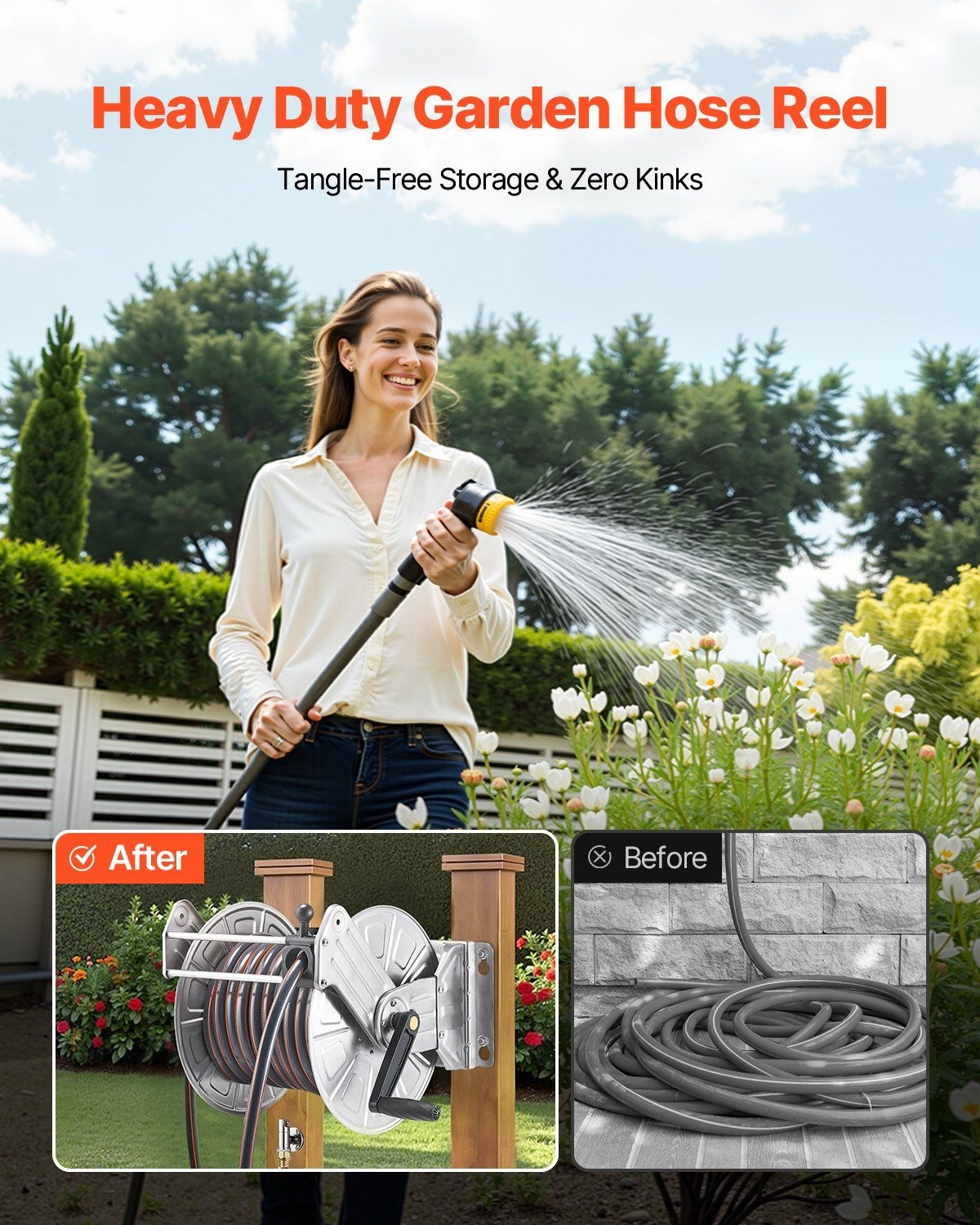 Garden Hose Reel Wall Mounted, 150ft Hose Holder, Stainless Steel Winder