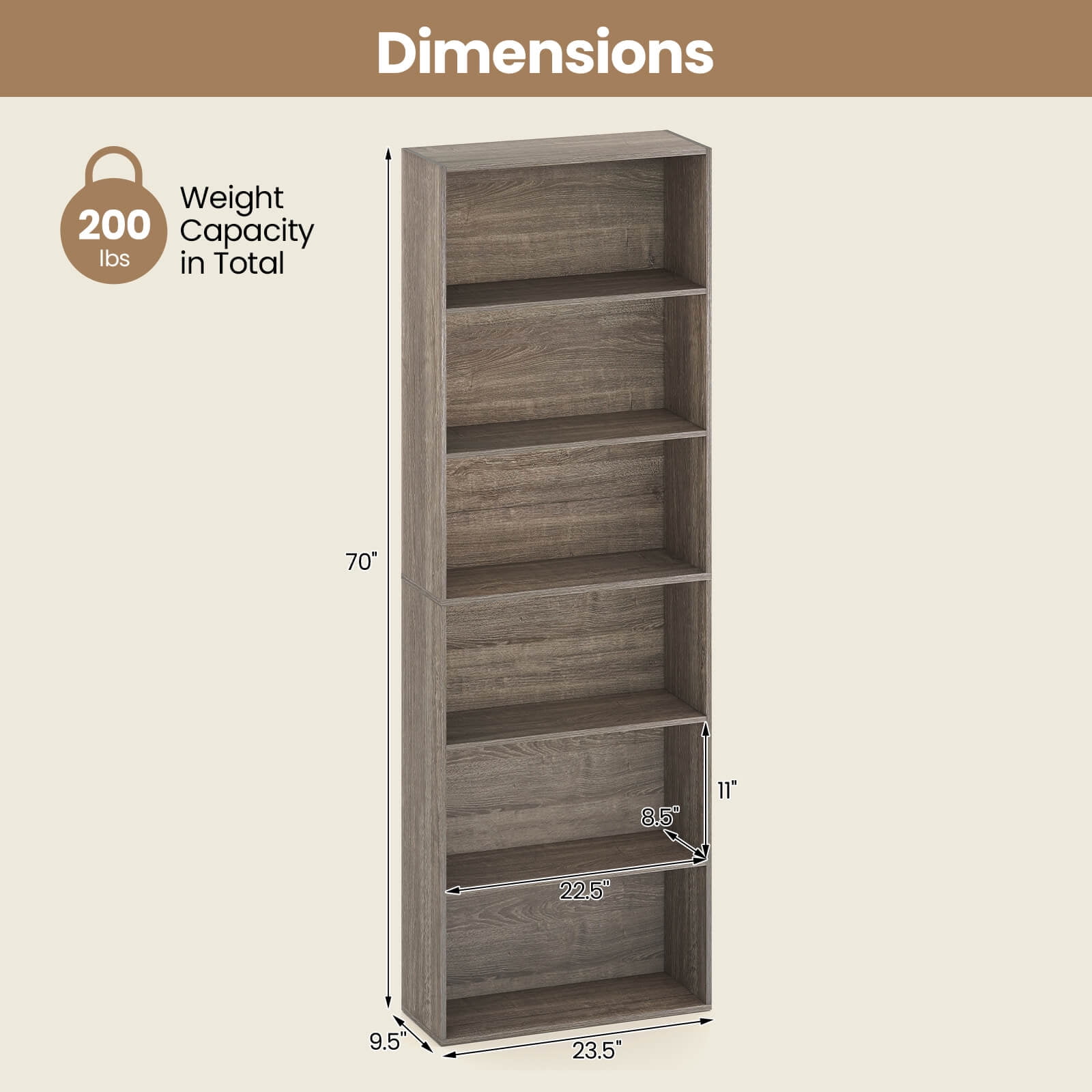 Costway 6-Tier Bookshelf with Open Shelves, Anti-Tipping Kits for Living Room Bedroom Study Gray