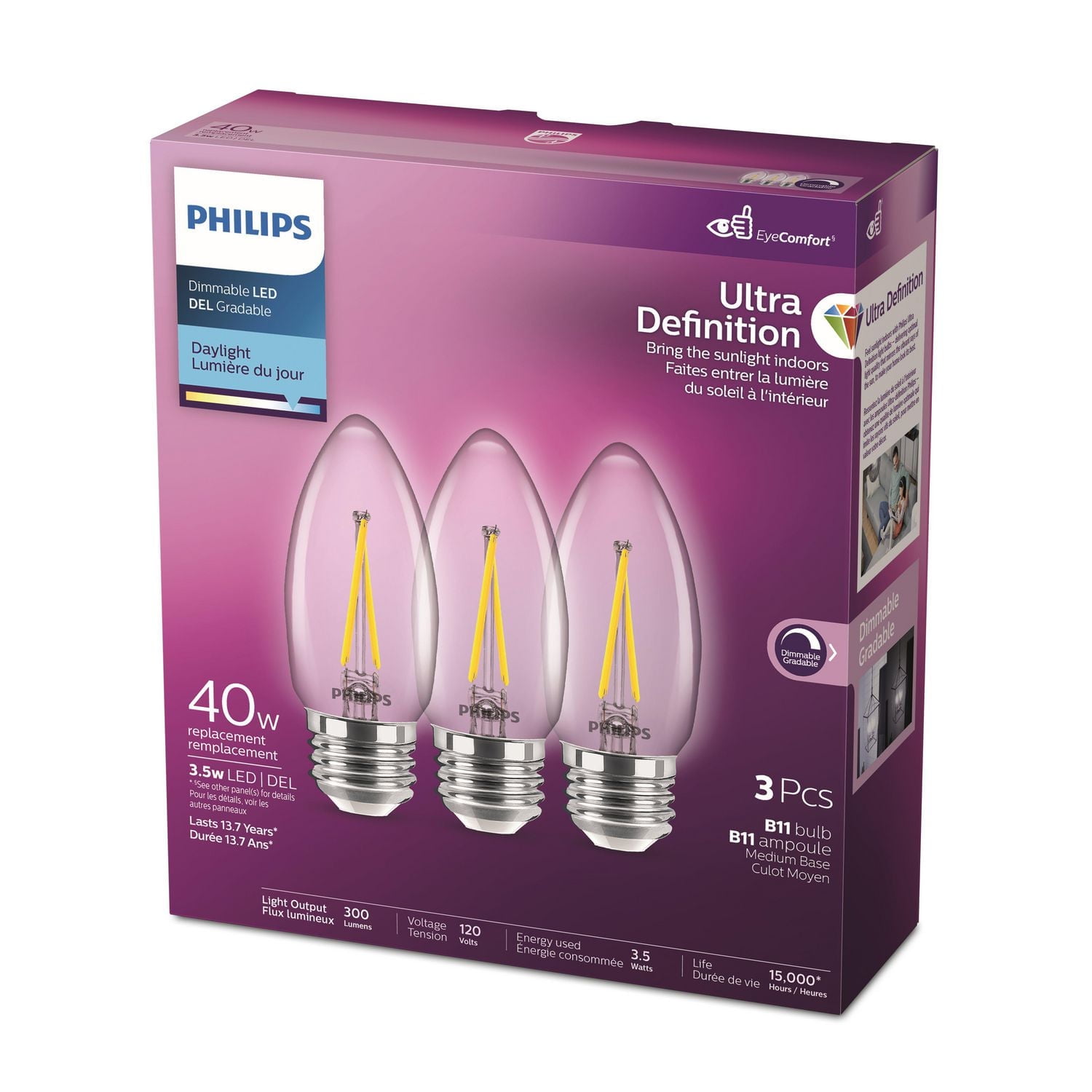 Philips UltraDefinition Ampoule LED B11 E12 40W Equivalent, Dimmable Daylight (5000K) 3-Pack PHL DEL 40W CH B11 E12