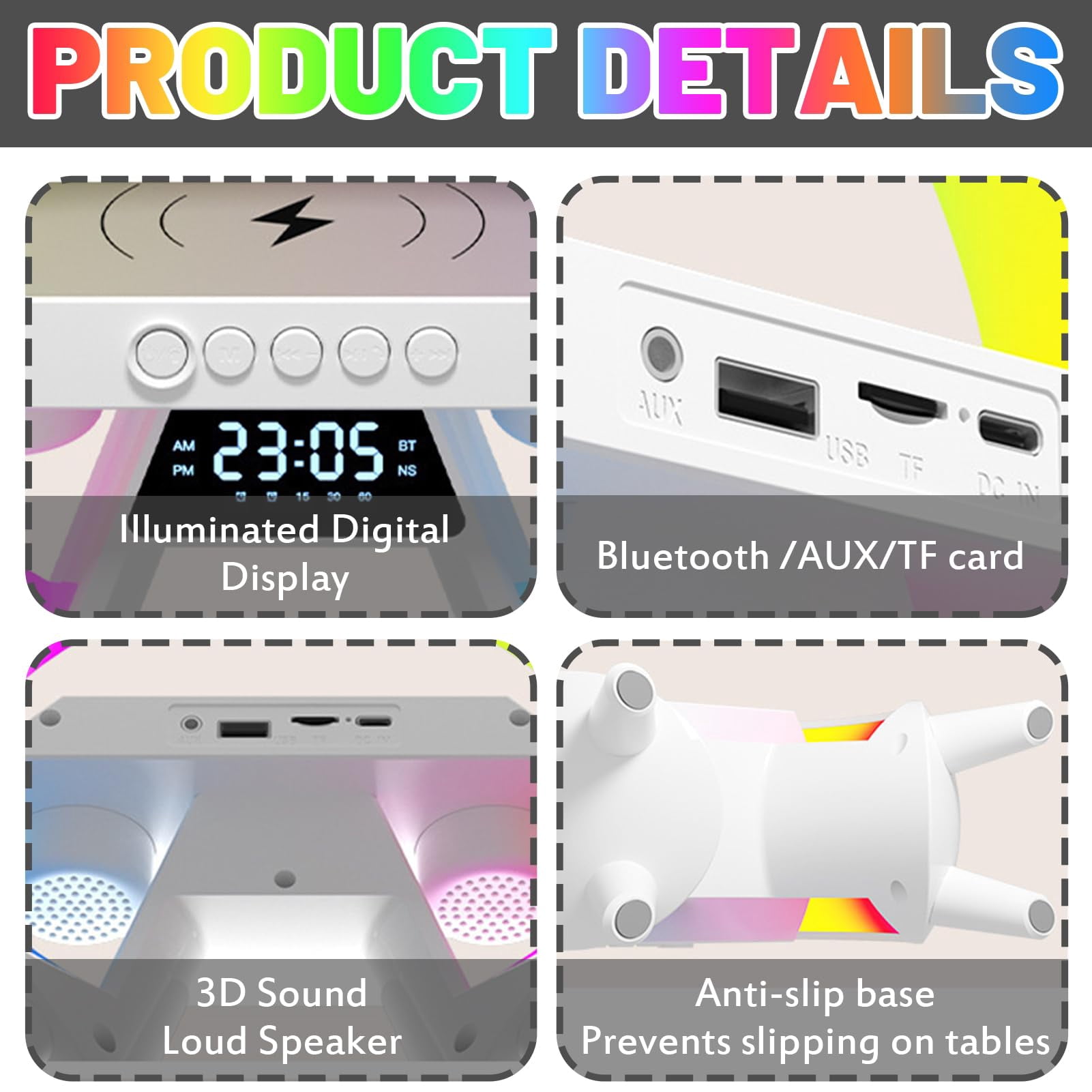 Wireless Speaker Charger Light, Phone Charger, Atmosphere Night Light Multifunctional Bluetooth Speaker, Timer Alarm Clock Charger Stand Color Changing Music Lamp-White