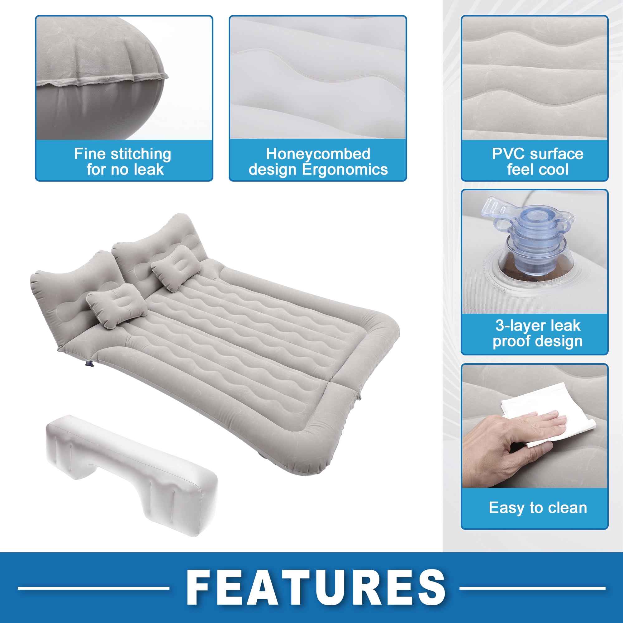 1 Set Car Air Mattress Camping Bed Air Bed Mat Sleeping Mat with Pillows for Car Travel Camping Gray