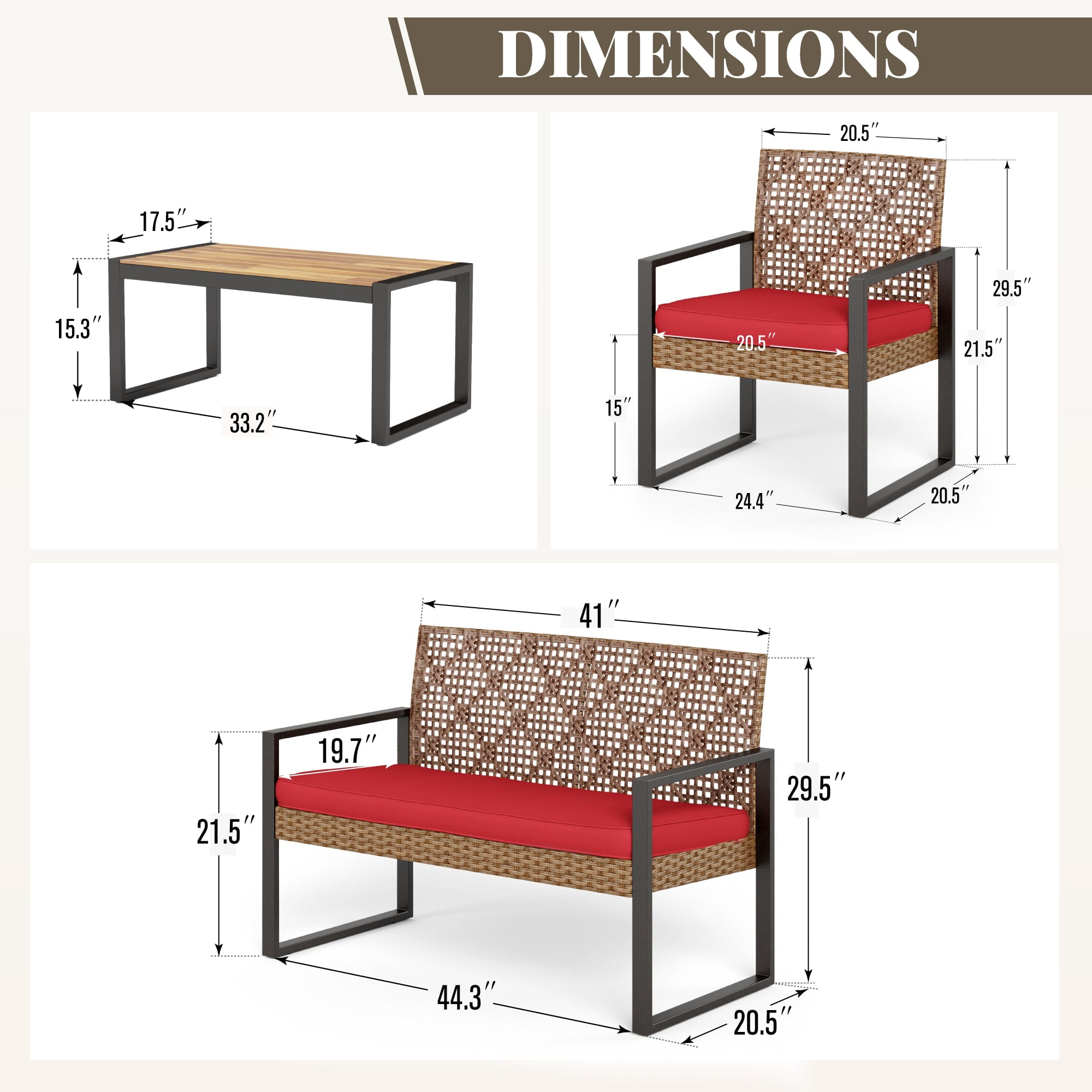 MF Studio 4-Piece All-Weather Rattan Patio Furniture Set, Outdoor Conversation Set with Wood Table, Brown and Red