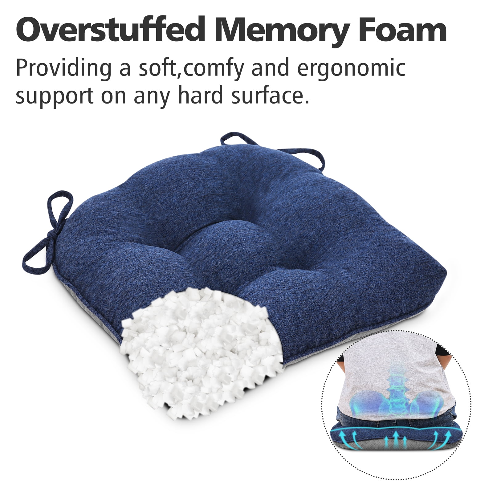 Shinnwa Chair Cushions for Kitchen Chairs Memory Foam Tufted Dining Chair Pads with Ties Non Slip Seat Cushions, Set of 2, Blue