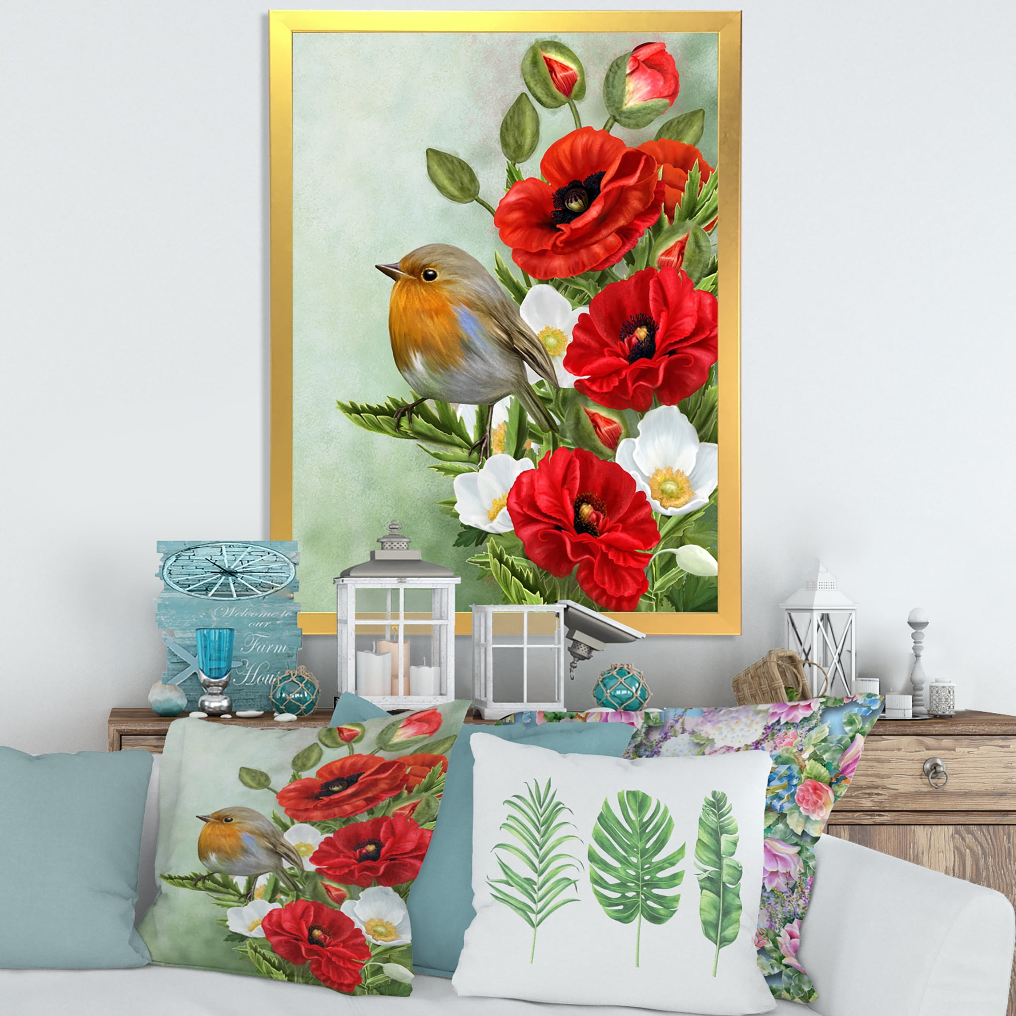 Designart 'Red Poppies and White Anemones With Yellow Bird' Traditional Framed Art Print