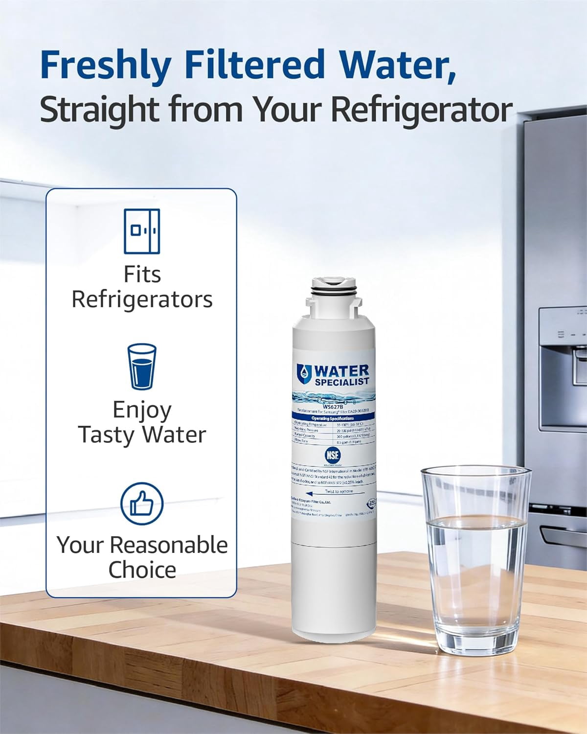 Waterspecialist F27 Refrigerator Water Filter Replacement for Samsung® DA29-00020B, HAF-CIN, RS25J500DSR, RF28HMEDBSR, HAF-CIN/EXP, RF4287HARS, RF28HFEDBSR, 8 Pack