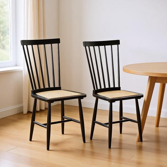Resenkos Set of 2 Farmhouse Dining Chairs with PE Rattan Seats and Rubberwood Frame, Black and Natural