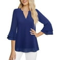 thumbnail image 4 of XuJwPNcy Womens Chiffon Tops Solid Color 3/4 Bell Sleeve V Neck Blouse Casual Comfy Business Work Tunic Shirts, 4 of 5