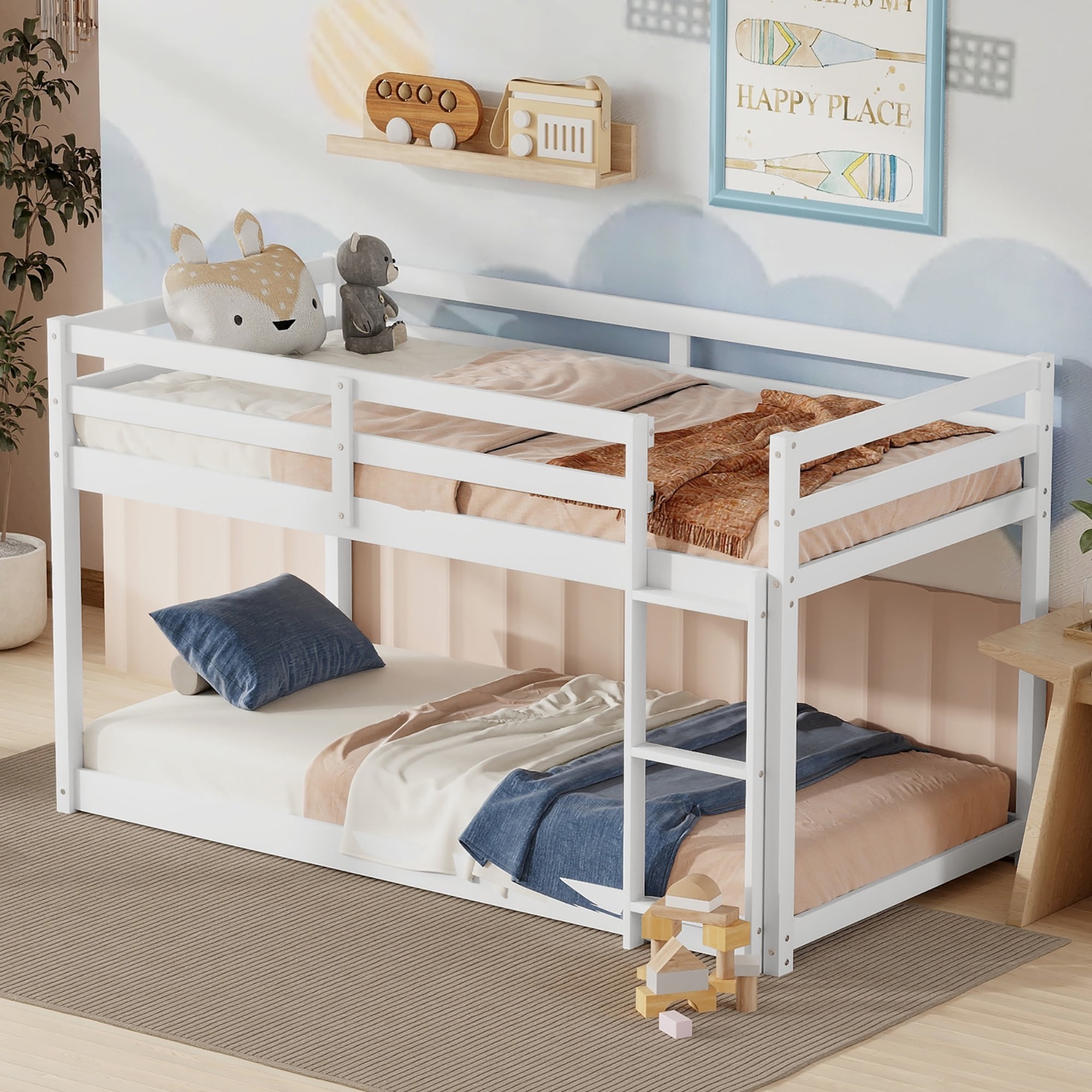Euroco Twin over Twin Floor Bunk Beds with Ladder and Guardrail for Kids Teens, White