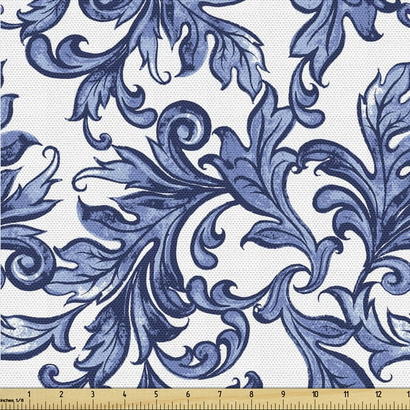 Ambesonne Leaf Pattern Fabric by the Yard, Muted Winter Leafy Art, 1 Yard, Dark Ceil Blue White