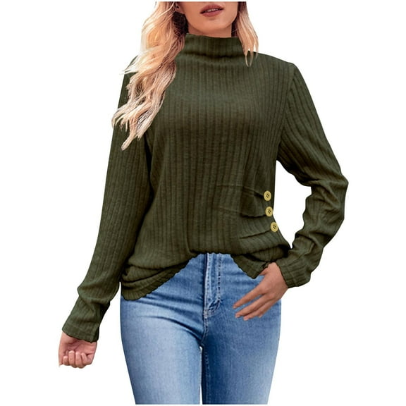 Scyoekwg Long Sleeve Tops for Women Turtleneck Pleated Shirts Dressy Casual Blouse Tops for Women Trendy Lightweight Tshirt Loose Solid Color Blouses (Army Green,M)