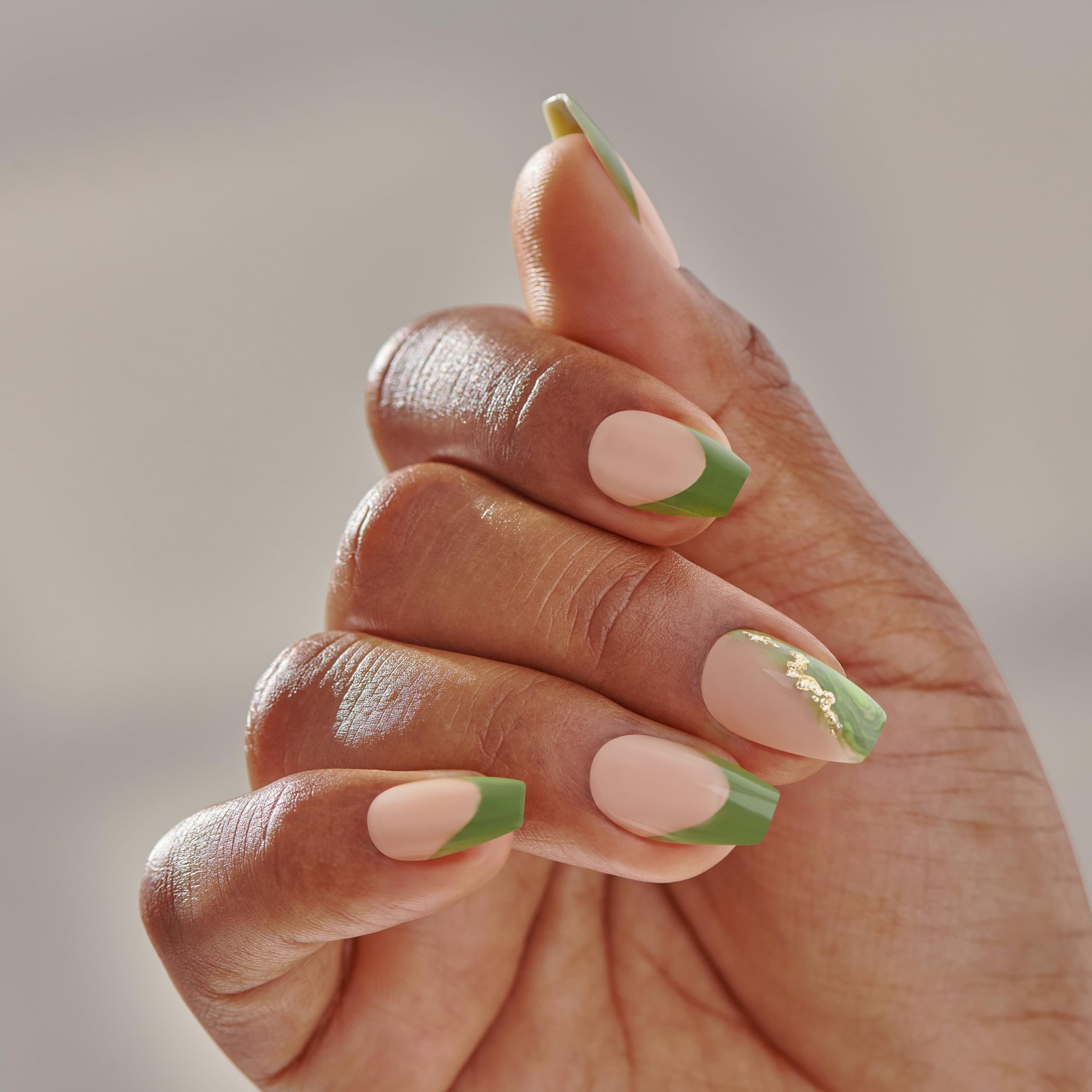 Kiss Impress No Glue Mani Press-On Nails Design 'Ballerina' Neutral/Green Medium Size Coffin Shape Includes 30 Nails Prep Pad Instructions Sheet 1 Manicure Stick 1 Mini File