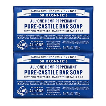 2pk Dr. Bronner’s - Pure-Castile Bar Soap Peppermint 5oz each - Made with Organic Oils, For Face, Body and Hair, Gentle and Moisturizing, Biodegradable, Vegan, Cruelty-free, Non-GMO (5 Ounce, 2-Pack)
