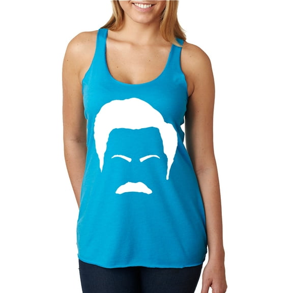 Wild Bobby, White Parks and Rec Fans Ron Swanson Mustache Face Silhouette, Pop Culture, Women Tri-Blend Racerback Tank Top, Vintage Turquoise, Medium