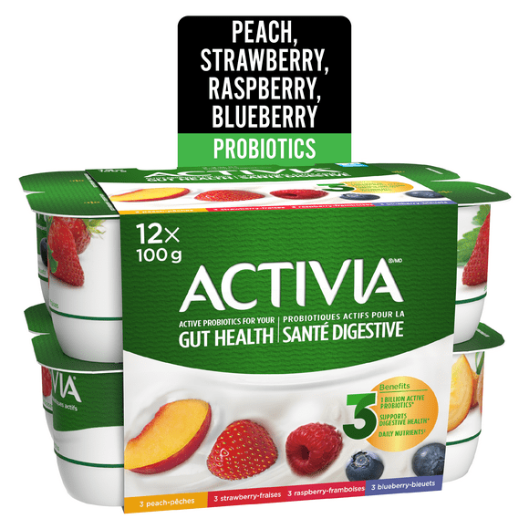 Activia Probiotic Yogurt, Strawberry/Blueberry/Raspberry/Peach, 12 x 100 g