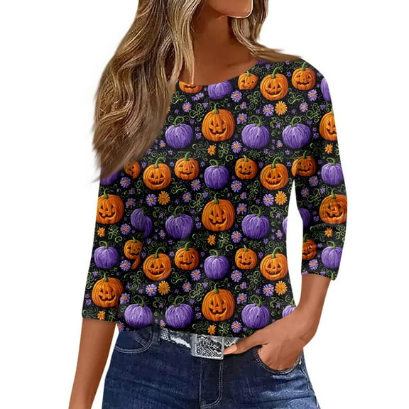 HAJWOH Womens Halloween Shirts Spooky Pumpkin Spider Witch Print Top 3/4 Sleeve Round Neck Tee Casual Halloween Clothing Gray S