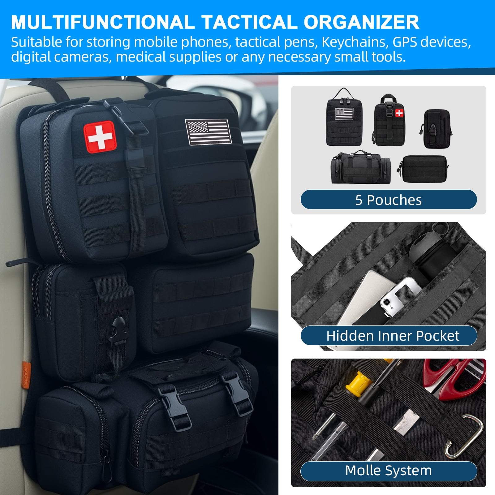 FANOTEK Universal Tactical Car Seat Back Organizer Bag, Vehicle Organizers Panel with 5 Detachable Molle Pouches Pocket for Most Car SUV Sedan Truck Jeep Black