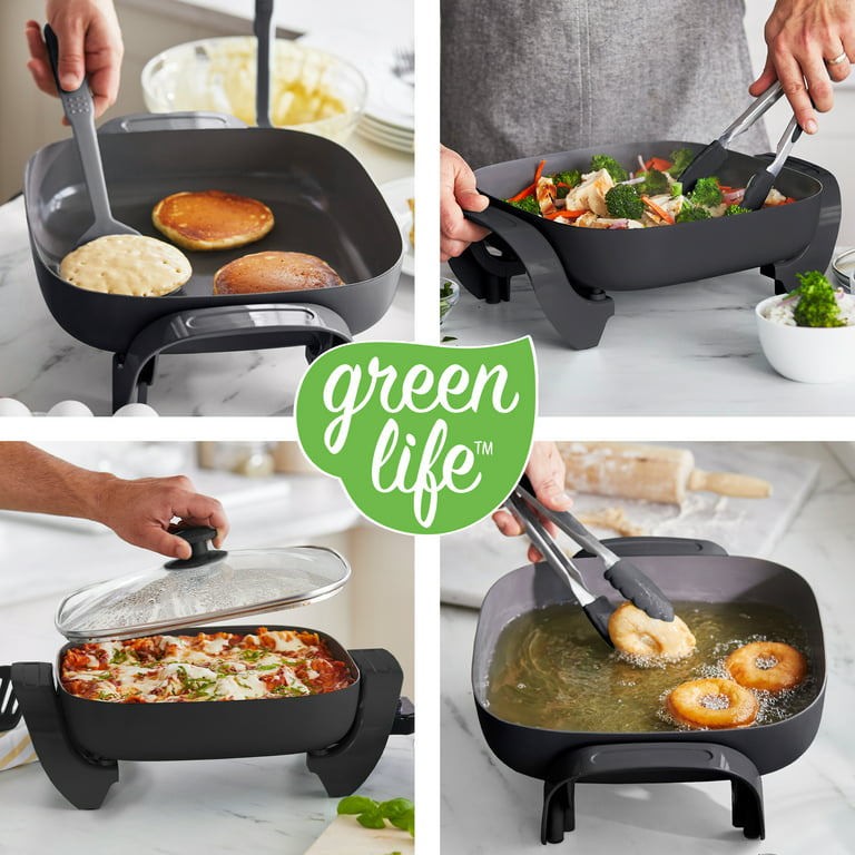GreenLife Healthy Ceramic Nonstick, 12 5QT Square Electric Skillet with  Glass Lid, Dishwasher Safe, Adjustable Temperature Control, PFAS-Free,  Black
