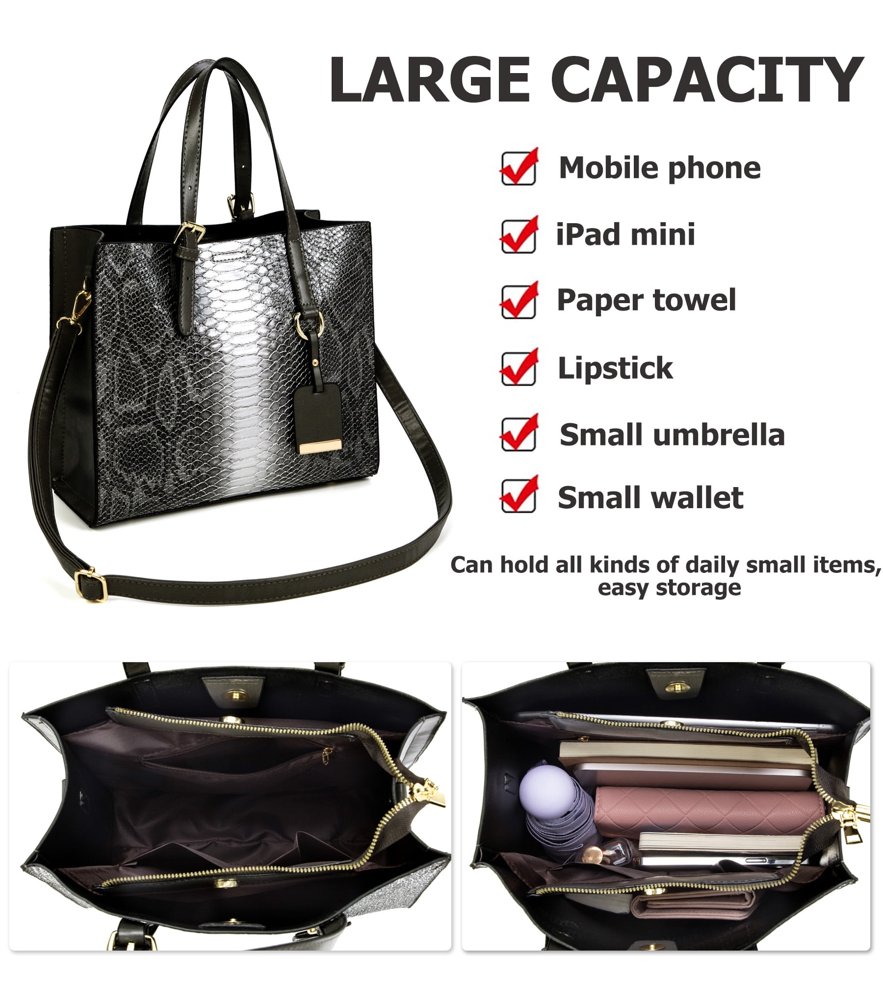 Women's Crocodile Pattern Tote Bags Stylish Handbags Satchels Purses and Wallets For Women 3 Pcs Set