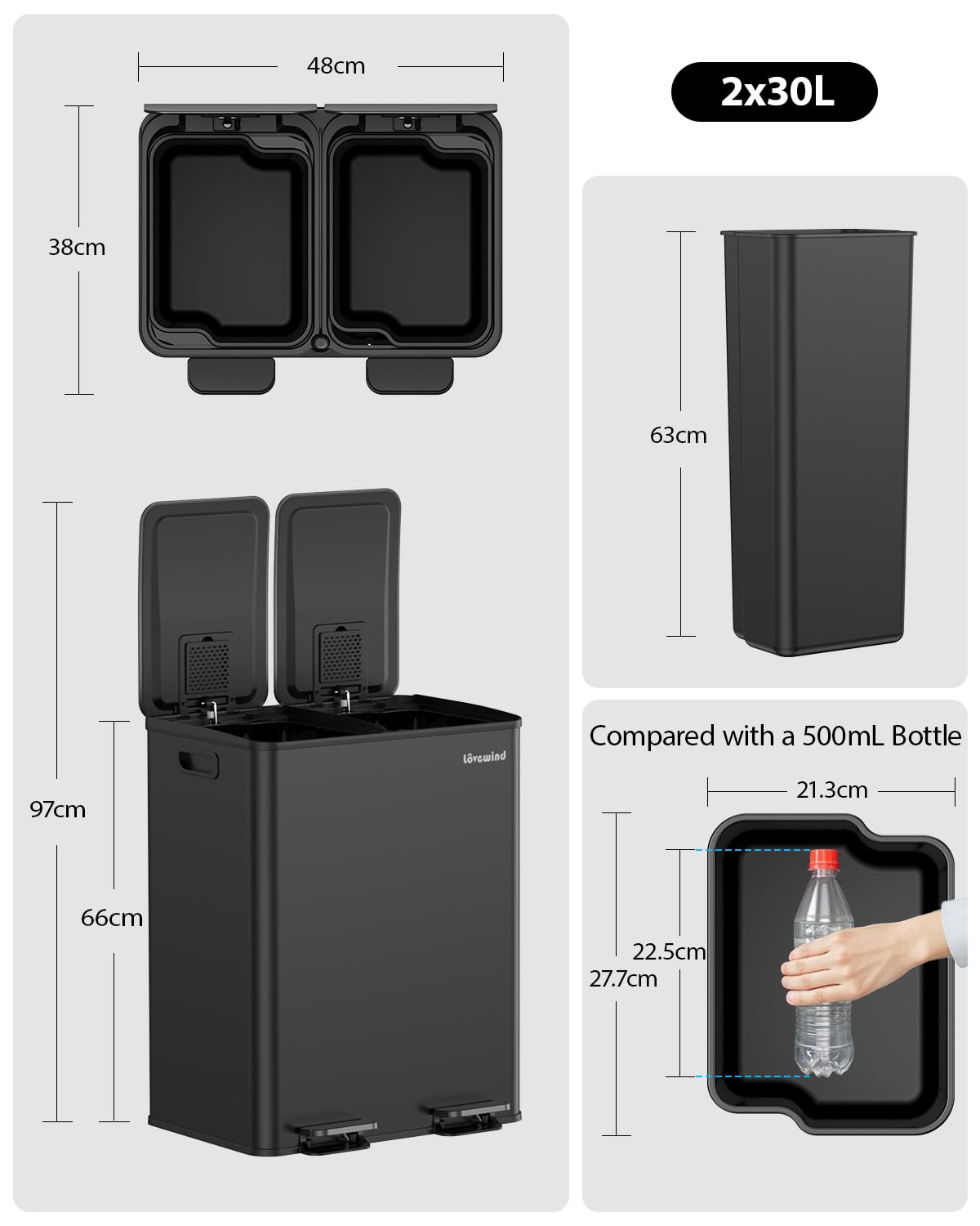 2 x 8 Gallon Kitchen Trash Can, Step Garbage Can Stainless Steel, Trash and Recycle Bin for Kitchen, Dual Compartment Recycling