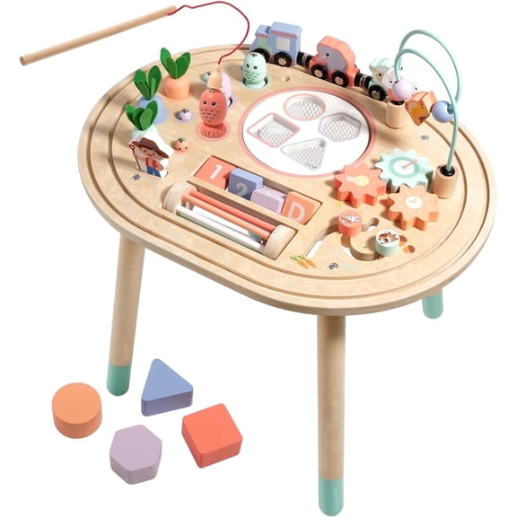 Flynow Baby Busy Board Toys 10-in-1 Wooden Sensory Activity Table, Montessori Toddler Toy Shape Sorter, Fishing, Bead Maze & Train Track, Educational Learning Birthday Gift for 1 Year Old Boys Girls