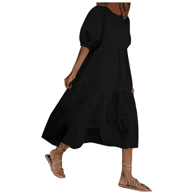 PENGXIANG Robes Noires pour les Femmes de Mode Femmes Lâches Couleur Unie O-Cou Manches Courtes Robe Décontractée Manches Courtes