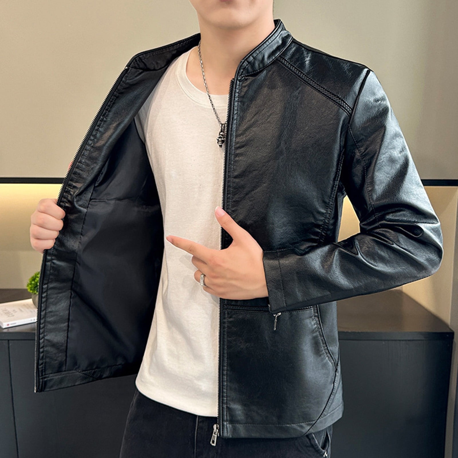 Maoxin Men's Jacket Men's Stand Up Collar Business Casual Leather Jacket Zipper Cardigan Jacket Plus Size Leather Jackets for Men Black 4XL