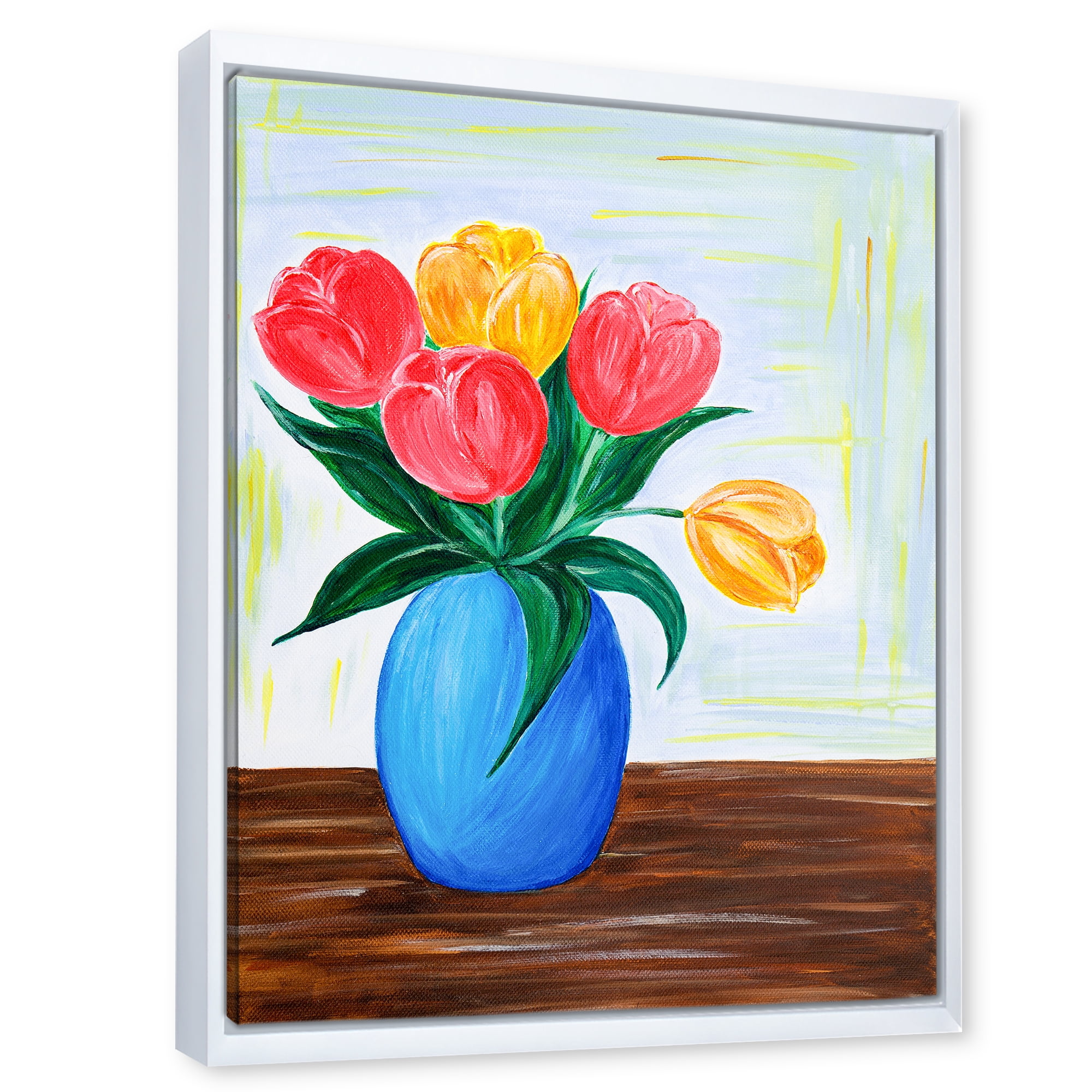 Bouquet Of Orange and Red Tulips In A Vase 12 in x 20 in Framed Painting Canvas Art Print, by Designart