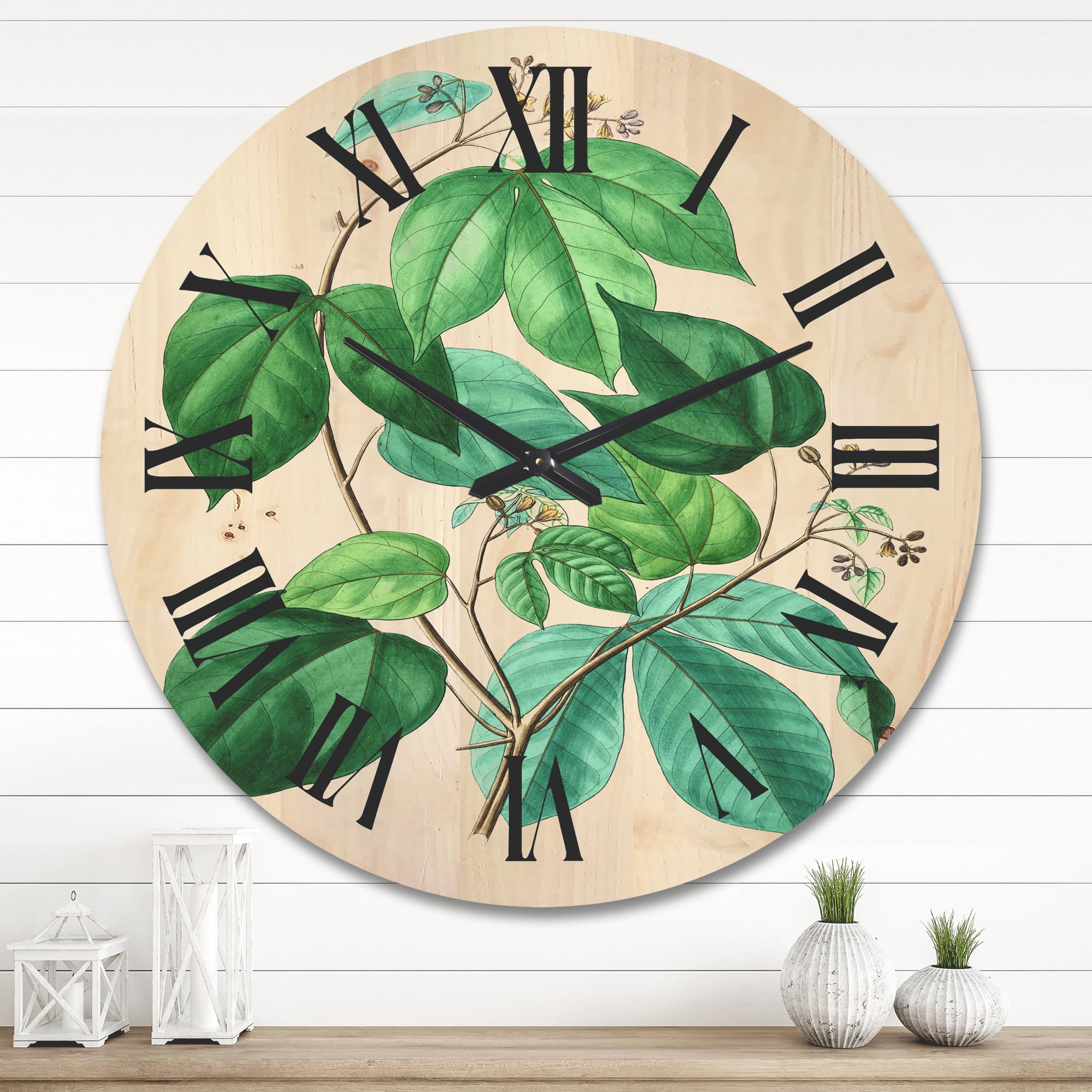 Designart 'Ancient Green Leaves Plants III' Traditional Wood Wall Clock