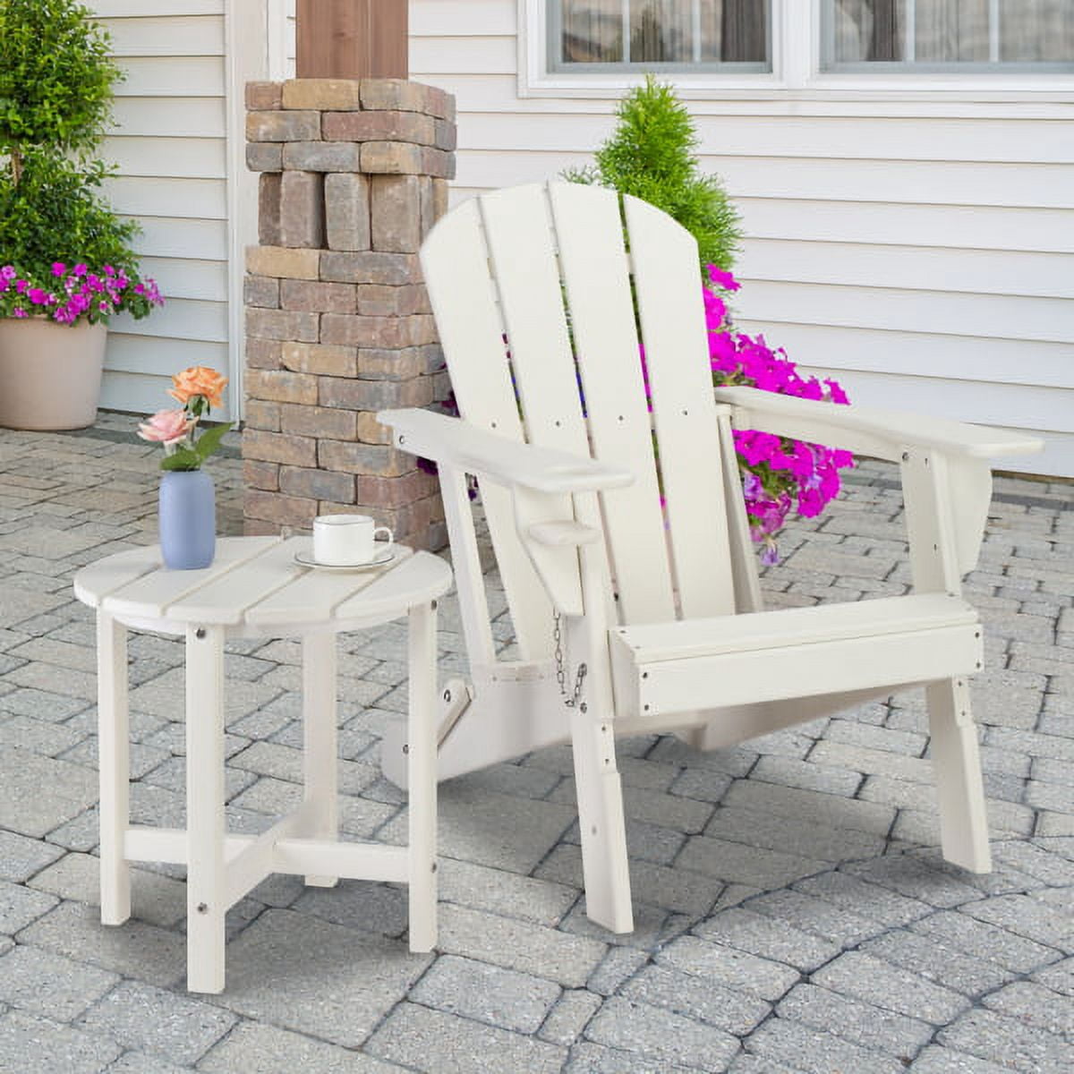 White HDPE Plastic Outdoor Side Table - Durable, Portable Round End Table for Patio, Garden, Backyard (46×46×46cm)