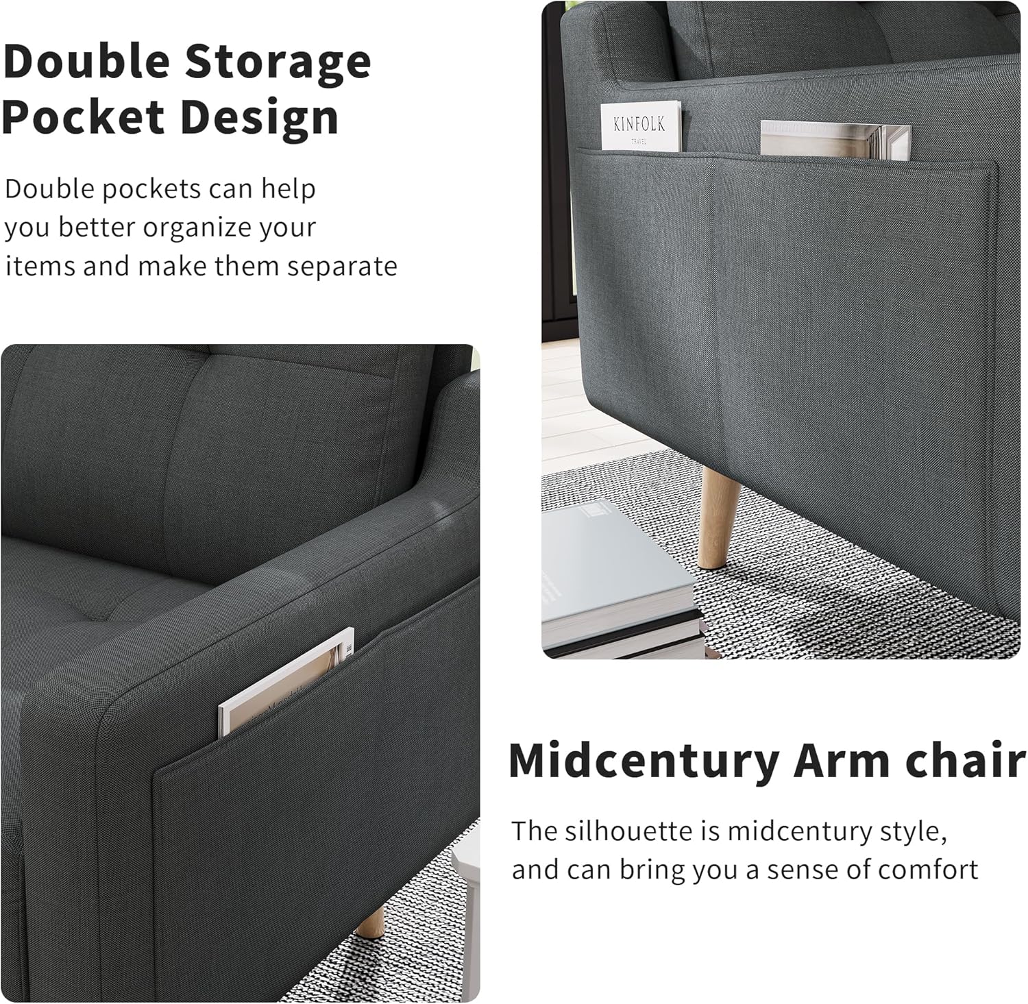 Mid Century Modern Accent Chair Reading Chair with Wood Legs, Upholstered Armchair Fabric Single Sofa Chair for Living Room & Bedroom (Dark Gray)