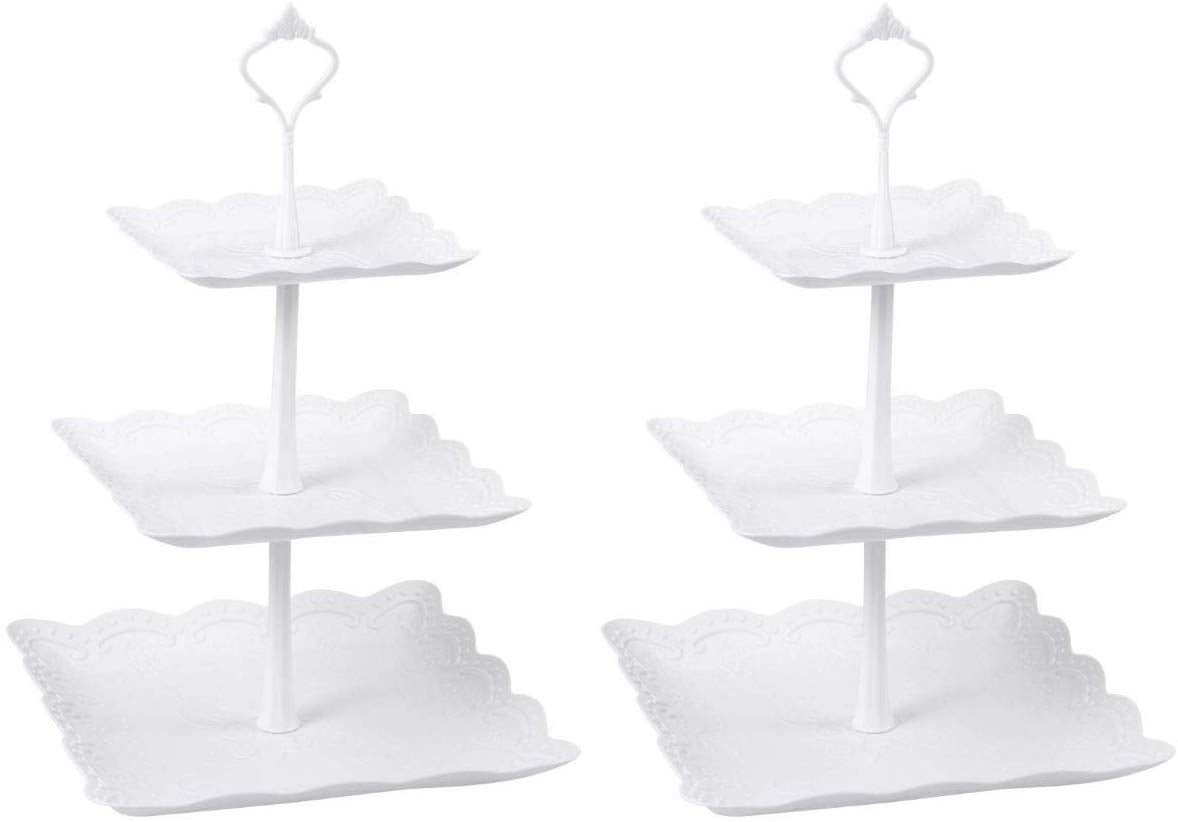 Prom-near 2-3 Tier Countertop Cake Stand Cupcake Towers Fruit Basket Fruit Stand White Square Pastry Dessert Stand for Wedding Birthday Party