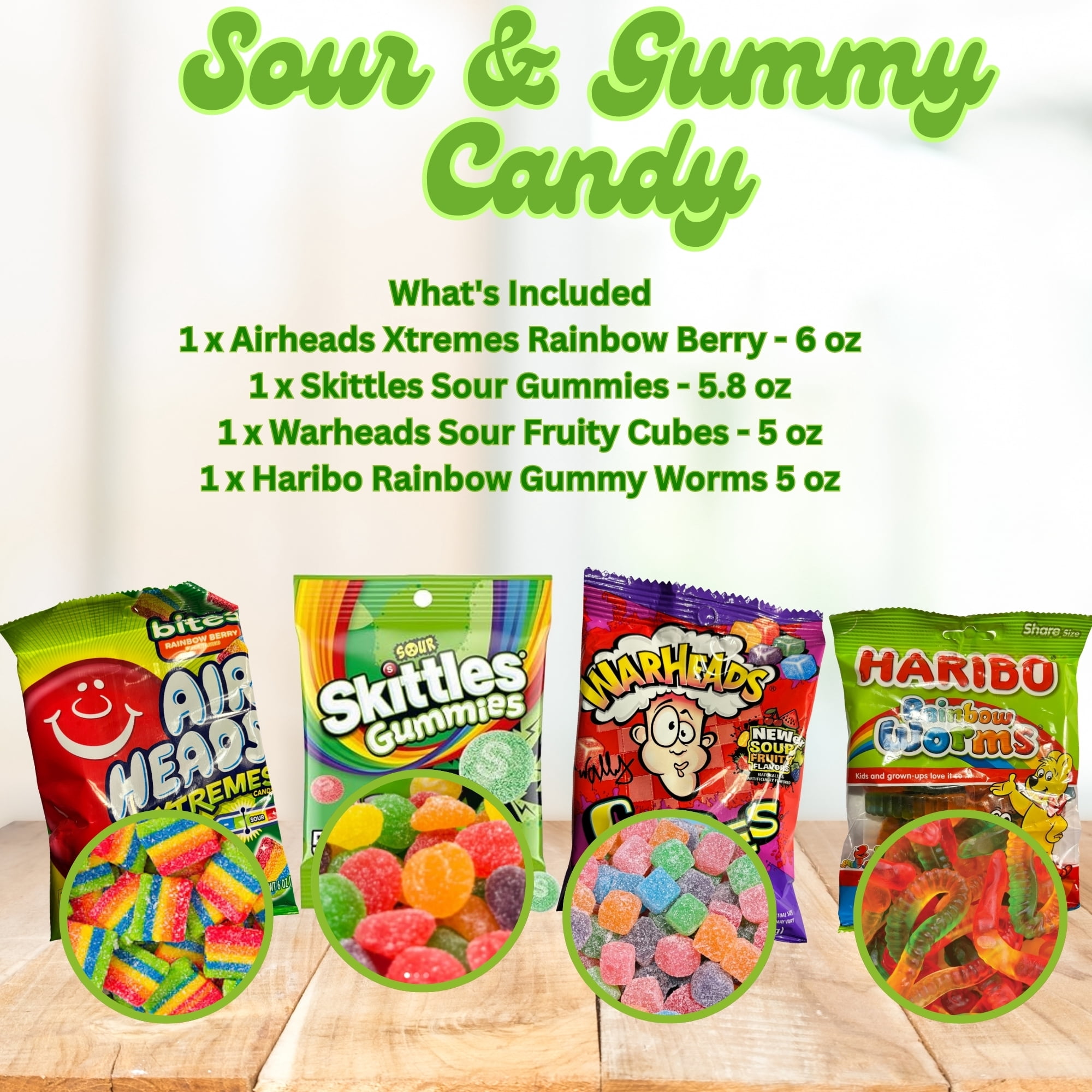 Sour & Gummy  Candy Variety Pack, 4 Bags (21.8 oz Total) - Airheads Xtremes, Skittles Sour Gummies, Warheads Cubes & Haribo Gummies, Chewy Candy Mix