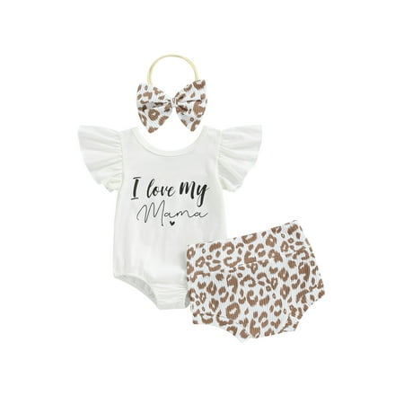

Bagilaanoe Baby Girl Mother s Day Outfits Fly Sleeve Letter Printed Romper Tops + Leopard Shorts+ Headband 3pcs Set