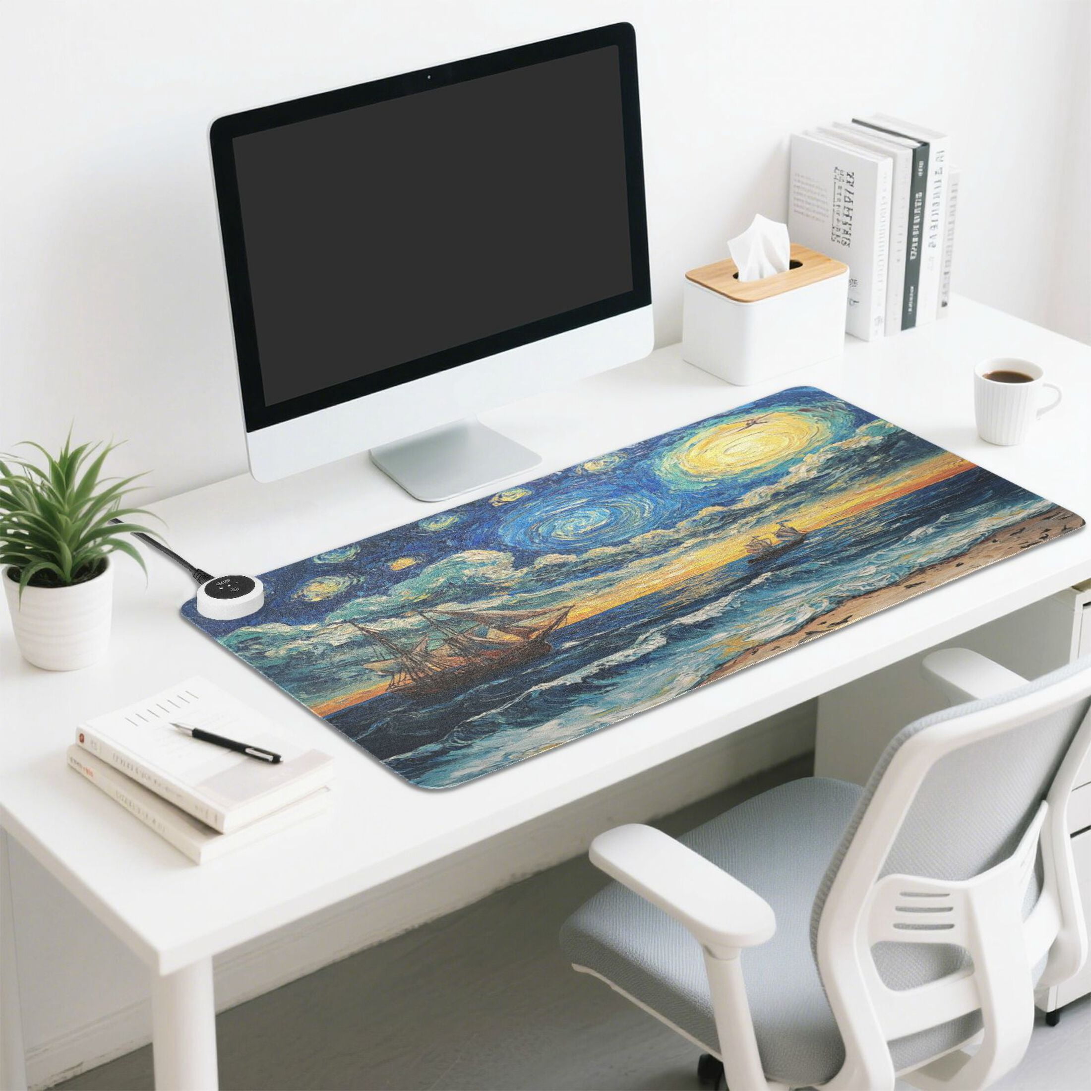 Wobogo Many Stars at Sea Heated Mouse Pad Extra-Large Desk Mat With 3 Heating Levels and 3-hour Auto Shut-Off Protection Ideal for Computer Keyboards Home Office Hand-warming Essential 31.5in × 13in