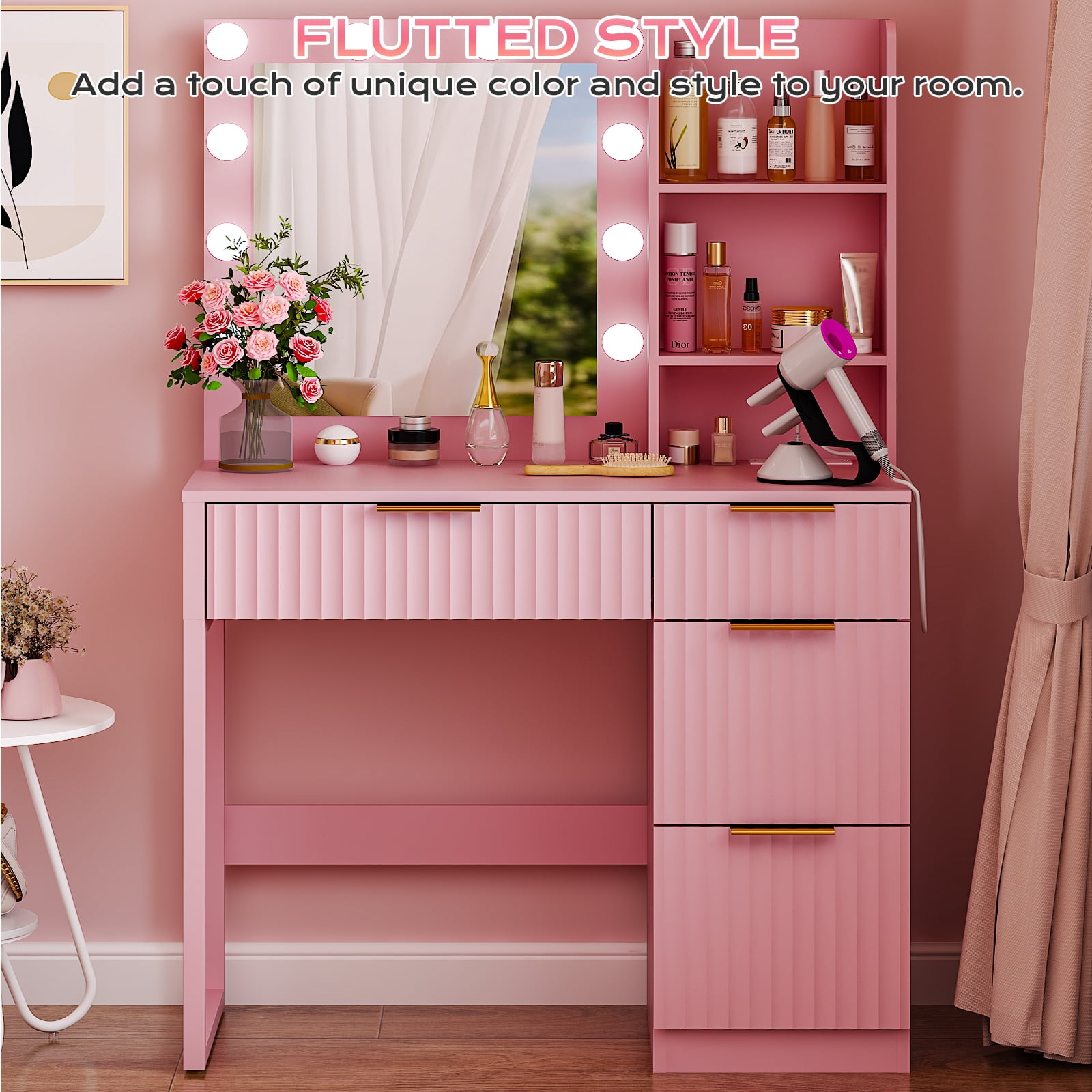 4-Drawer 2-Shelf Dressing Table with 10 Tri-Color Light Bulbs Particleboard with Textured Melamine Finish Power Strip and Dressing Table Grille-Finish Dressing Table, 33.46*15.75*29.53in, Pink