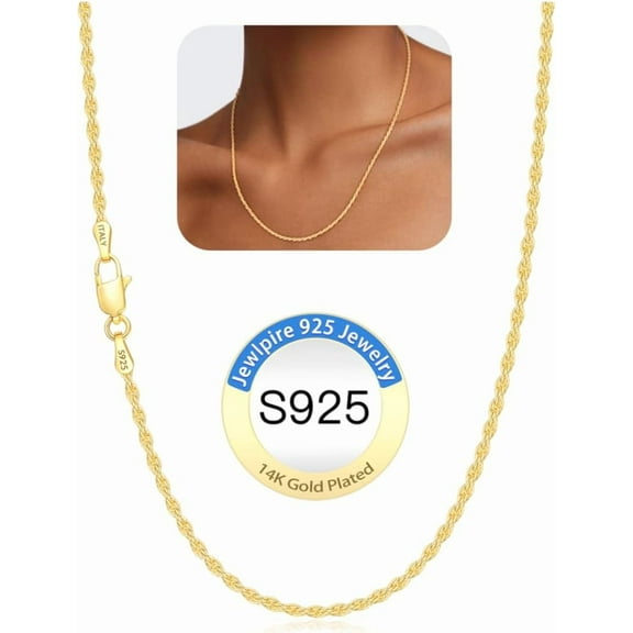 1.5mm 2mm Rope Chain 14k Gold Plated 925 Sterling Silver Chain Necklace for Women, Smooth Sturdy Hypoallergenic Women's Chains Necklace, 16 18 20 22 24 Inch