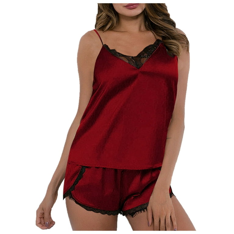 KaLI_store Women Sleepwear Women Nightwear Sleeveless Shirt and Shorts  Pajama Set V Neck Sleepwear Red,XL