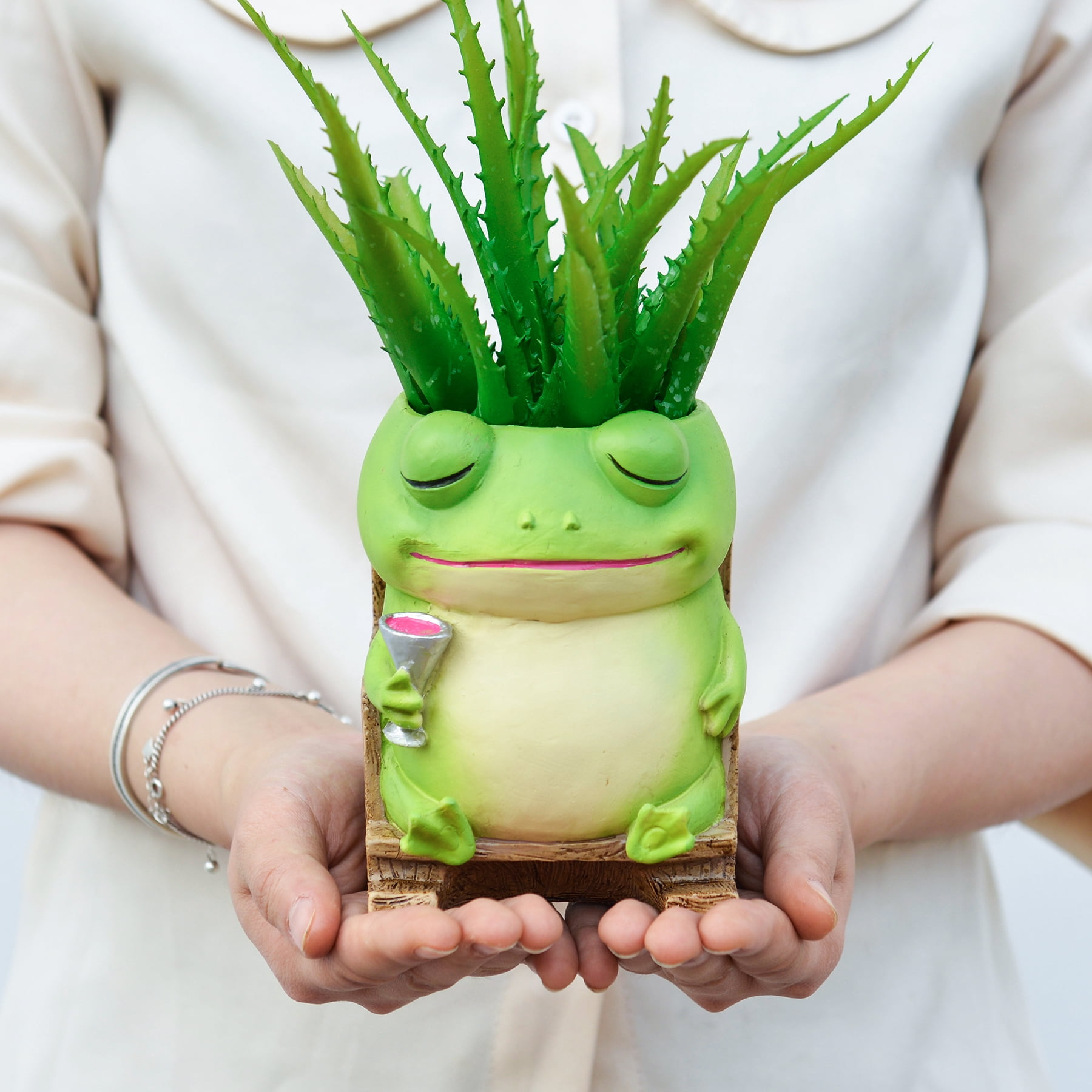 Quoowiit Cute Frog Plant Pots Indoor,Resin Small Succulent Pots with Drainage Hole,Rocking Chair Planters for Outdoor Indoor Plants,Gift Ideas for Mother