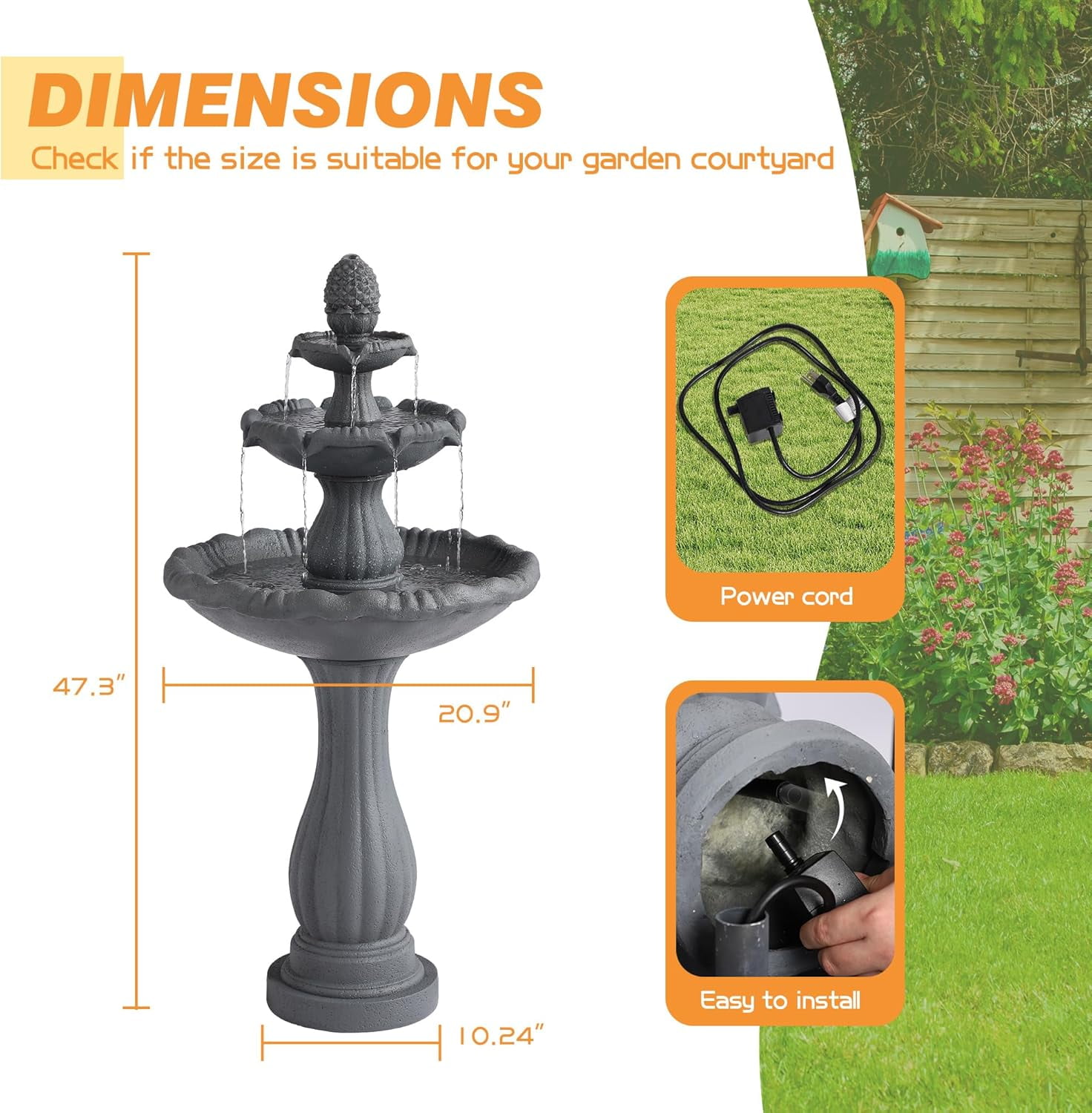 Haverchair 47.3" High Italian Feature Faux Stone Freestanding Water Fountain Outdoor and Indoor, 3-Tier Roman Pillar Waterfalls Fountains for Garden,Patio,Yard,Deck,Backyard,Porch