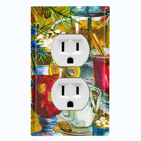 Metal Light Switch Wall Plate Outlet Cover (Coffee Tea Party Kettle Mocha Espresso Fruit Drinks - Single Duplex)