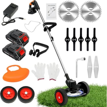 21V 3-in-1 Cordless Weed Eater: Brush Cutter/Trimmer/Edger, 2 Batteries   Charger, with Wheels