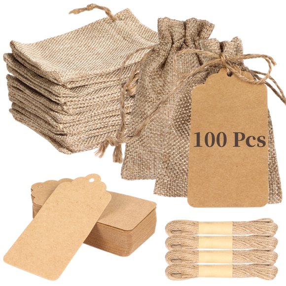100 Pcs Burlap Bags Set, Small Burlap Sacks with 100 Pcs Kraft Paper Gift Tags & Strings, Drawstring Favor Bags, Reusable Linen Jewelry Pouches for Wedding Party Gift Wrapping
